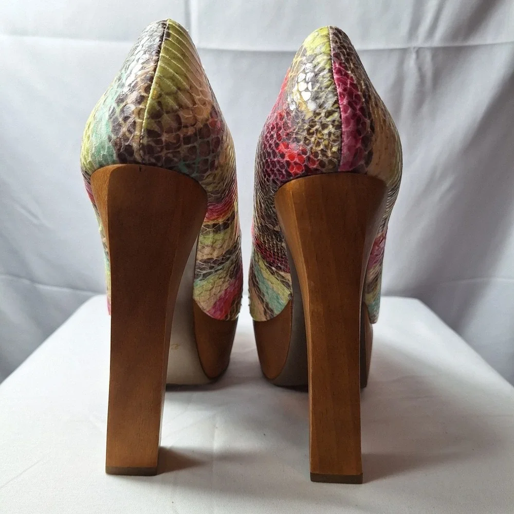 ZIGI SOHO Jaclyn Platform Heel Sz 7 Multi Snakeskin Embossed Wooden Chunky READ